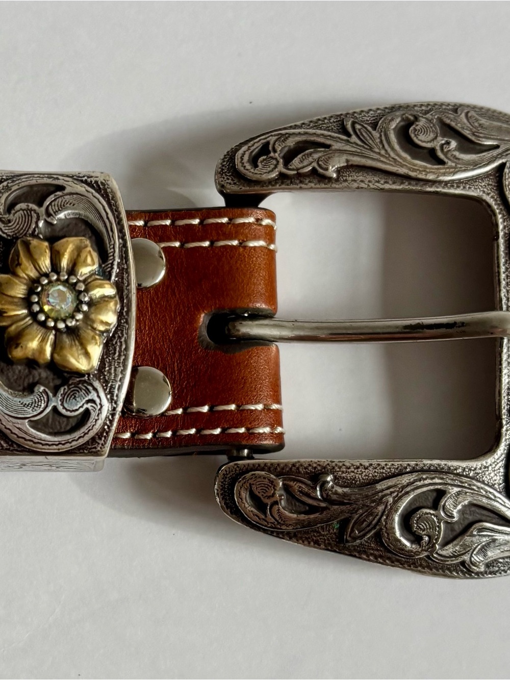 Nocona Women’s Western Tooled Leather Brown Rhinestone Buckle Belt - Picture 7 of 11